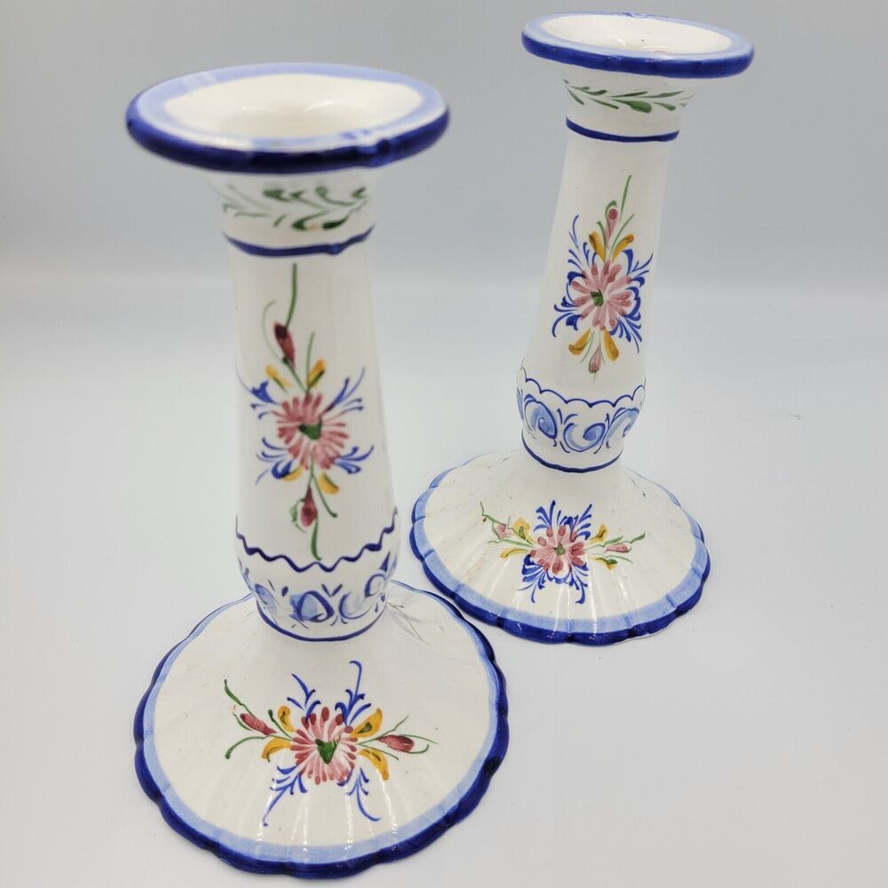 Vintage Portuguese Hand Painted Floral Ceramic Candlesticks, 7”